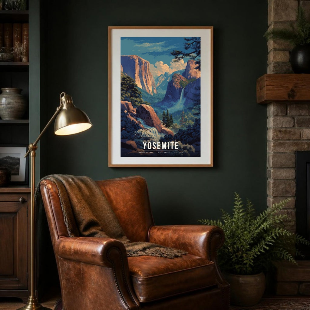 Yosemite spring poster framed in a lodge room (frame not included)