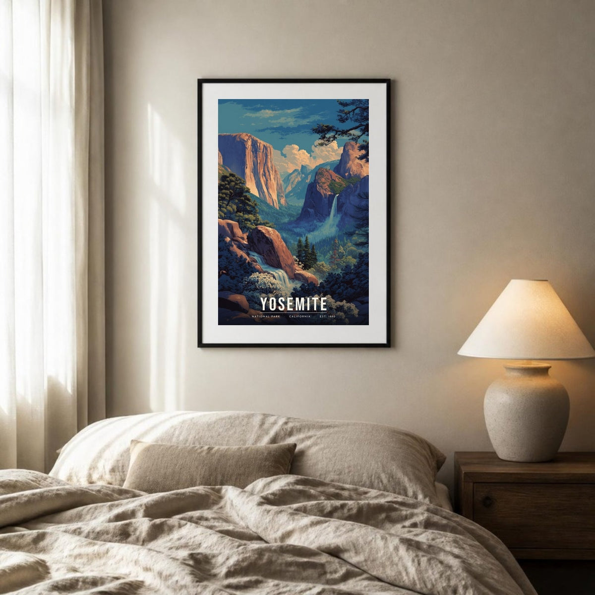 Yosemite spring poster framed above a bed (frame not included)