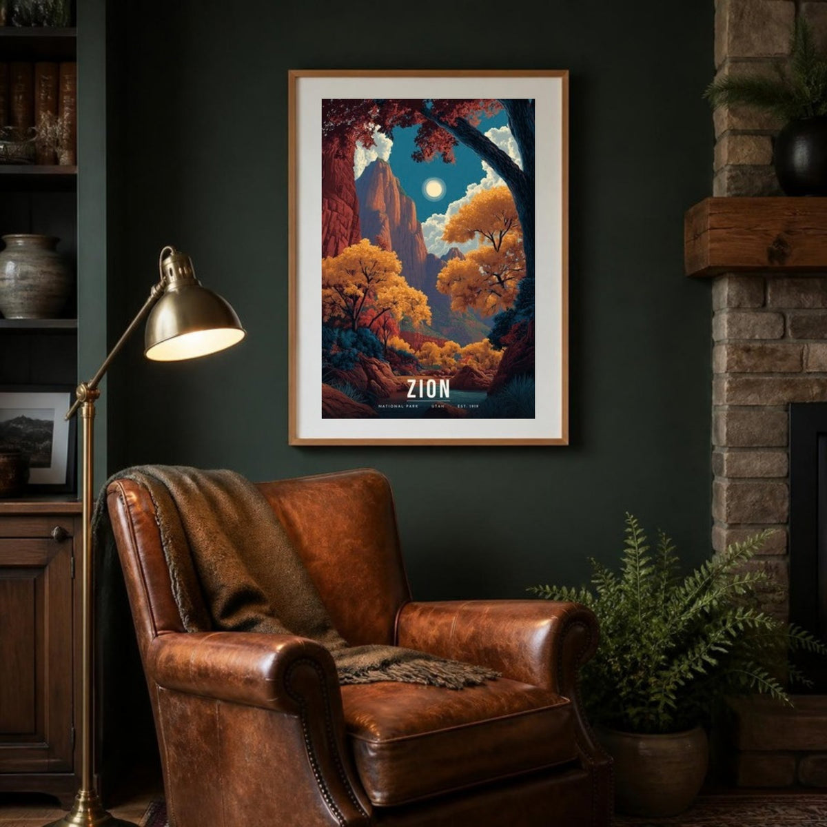 Zion autumn poster framed in a lodge room (frame not included)
