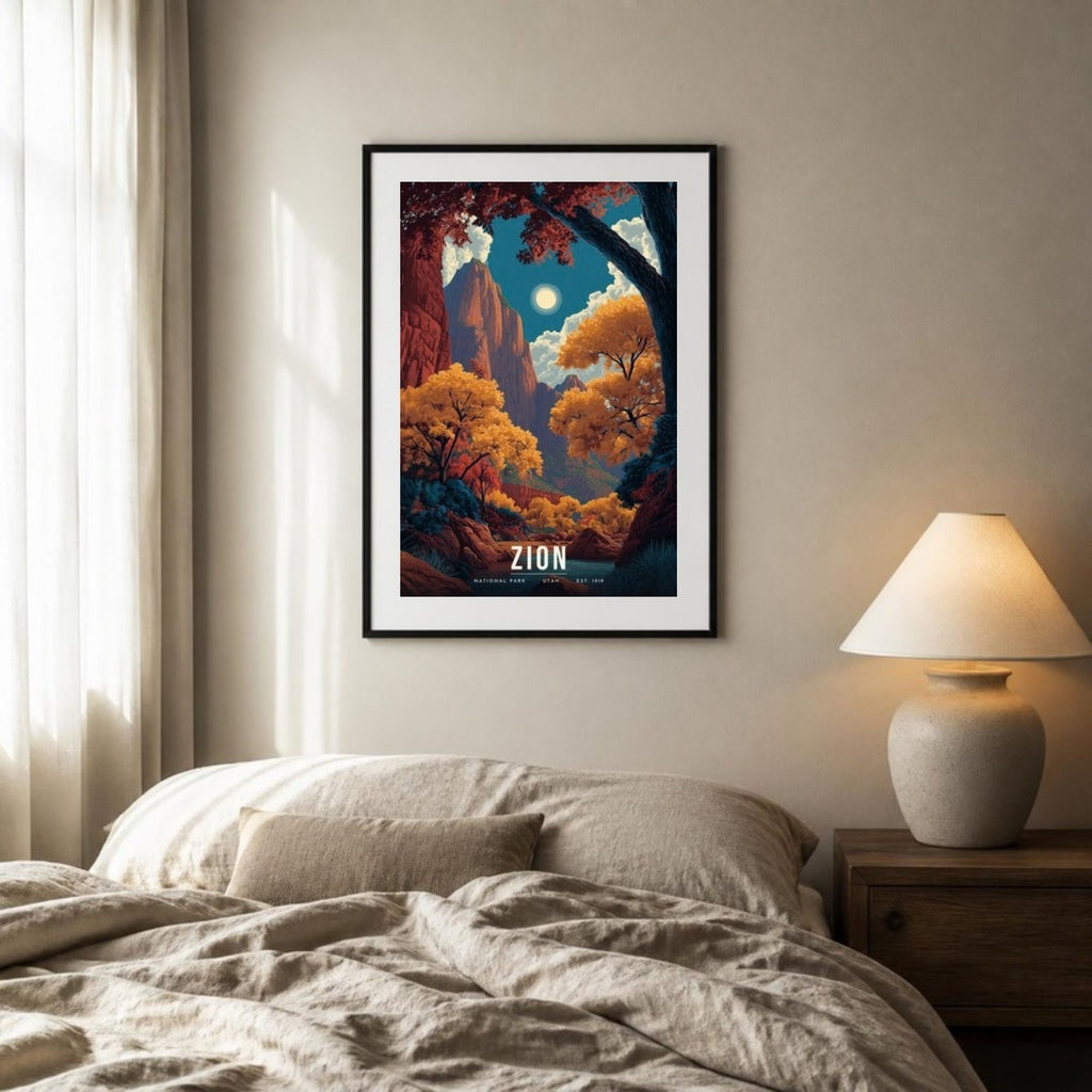 Zion autumn poster framed above a bed (frame not included)