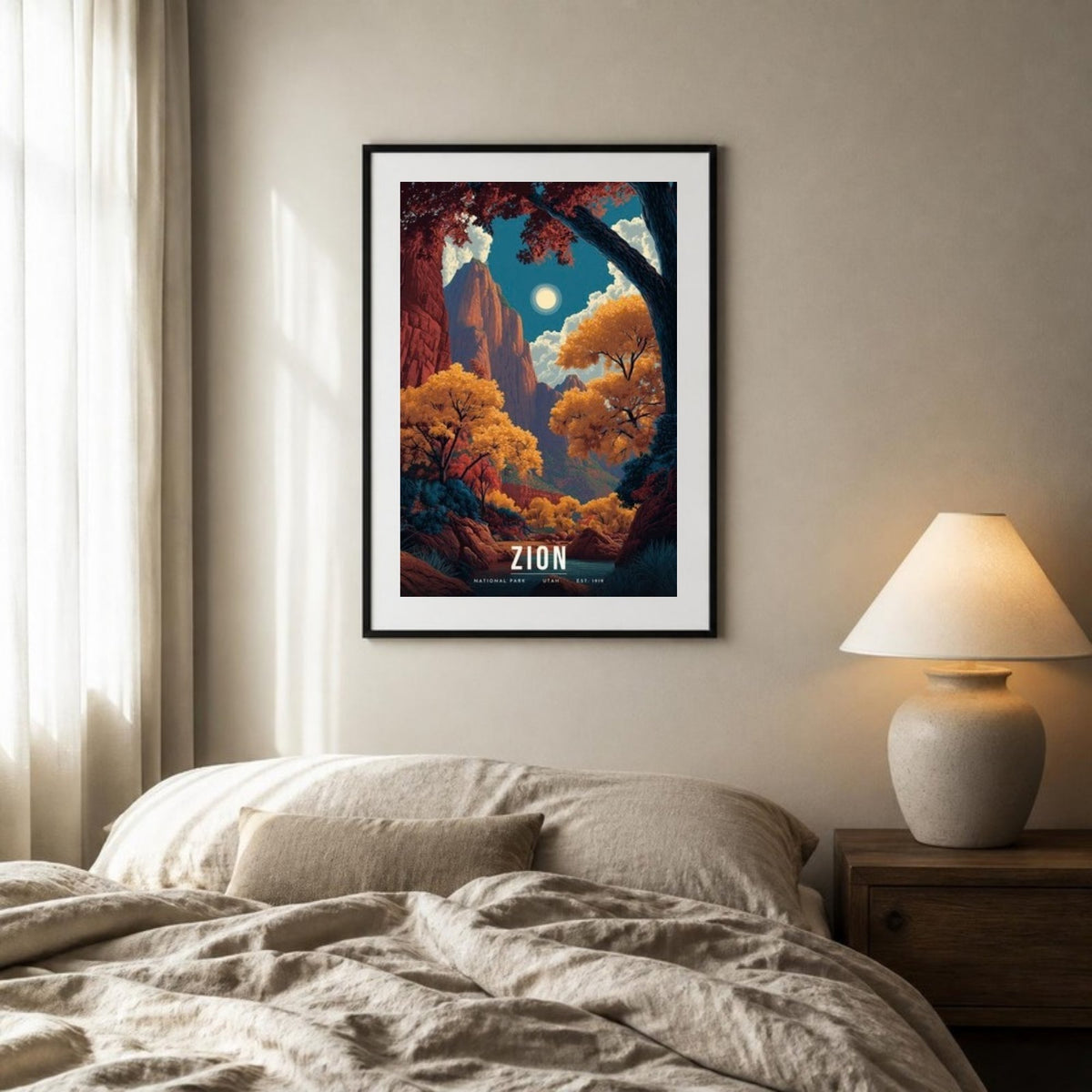 Zion autumn poster framed above a bed (frame not included)