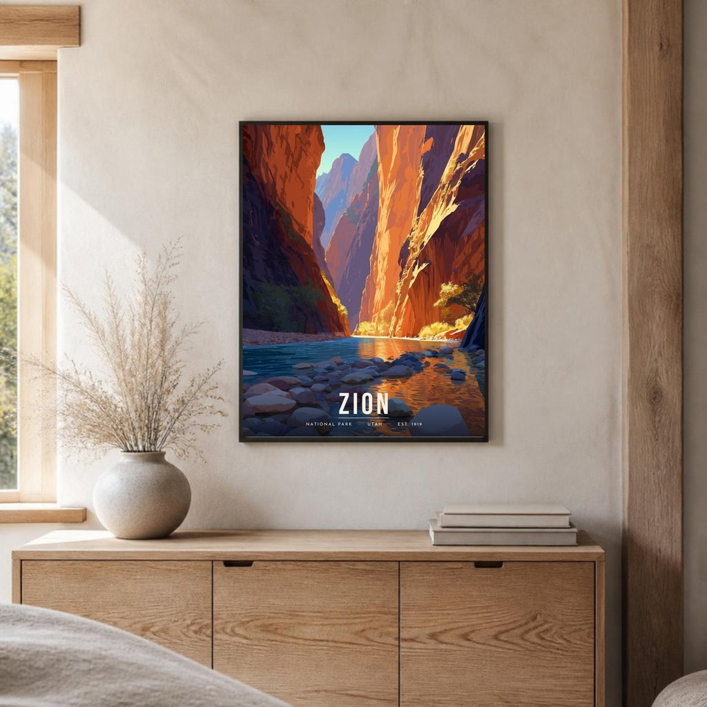 Zion Narrows poster framed on a sideboard (frame not included)