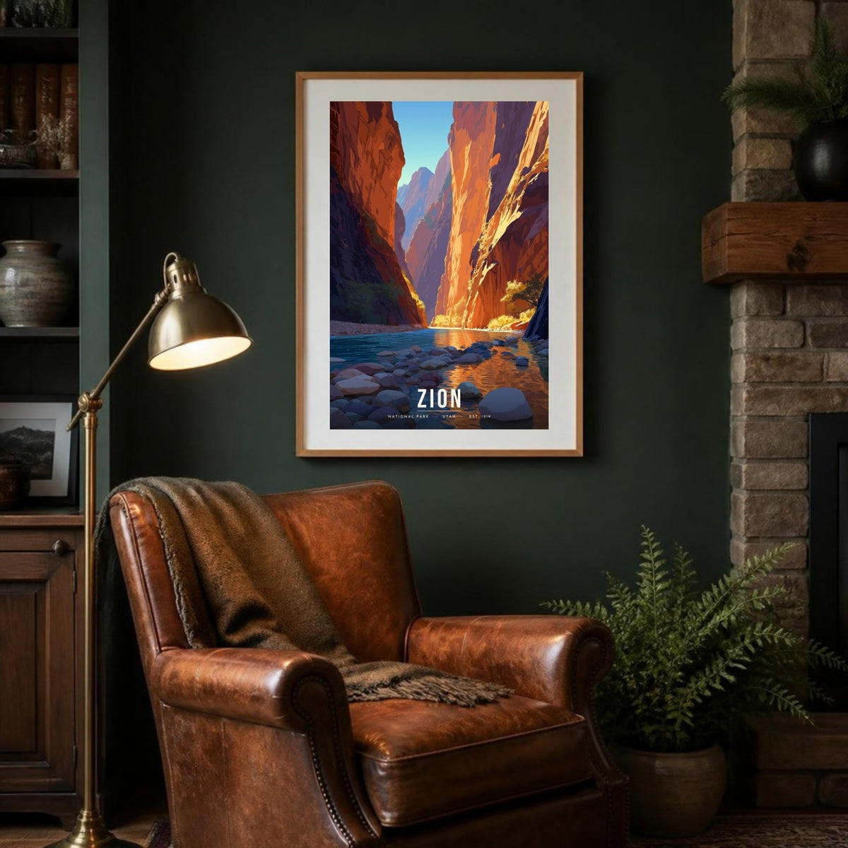 Zion Narrows poster framed in a lodge room (frame not included)