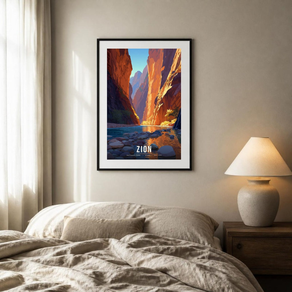 Zion Narrows poster framed above a bed (frame not included)