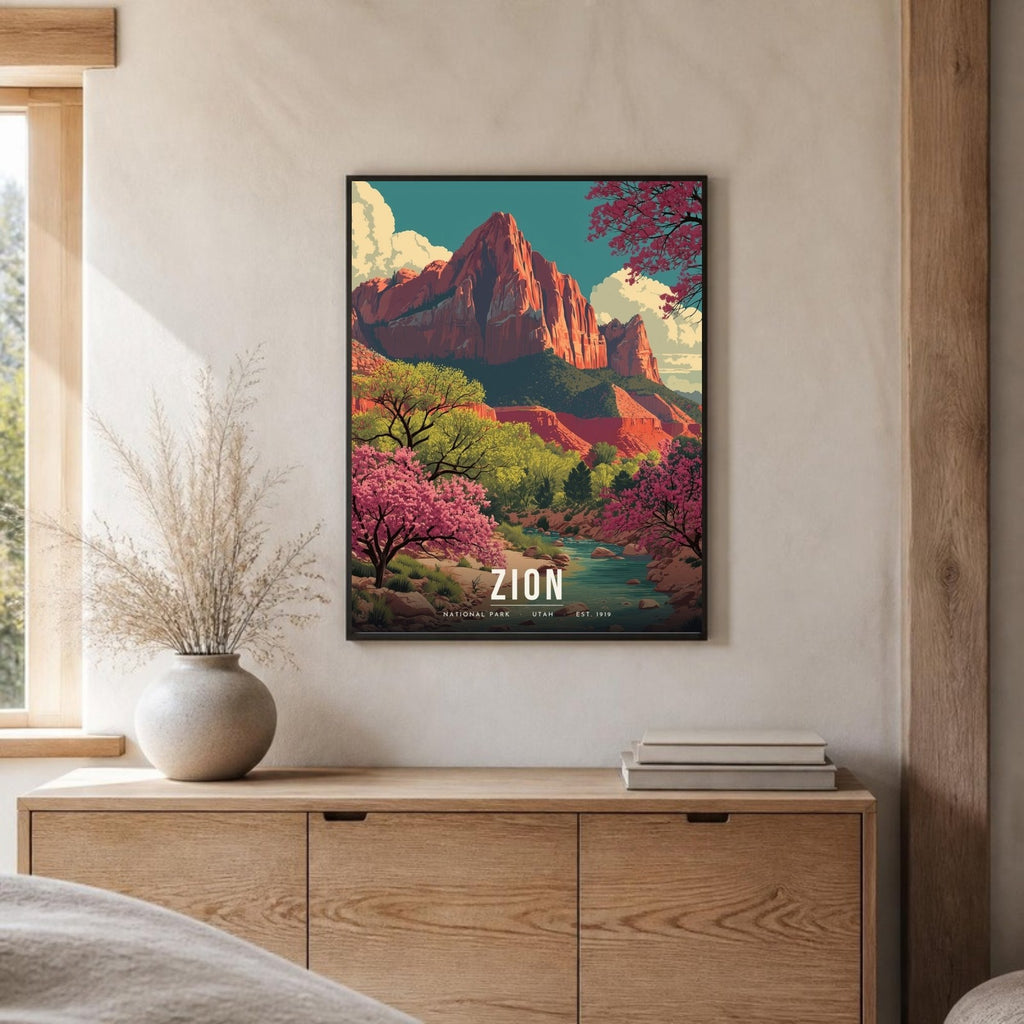 Zion redbud poster framed on a sideboard (frame not included)
