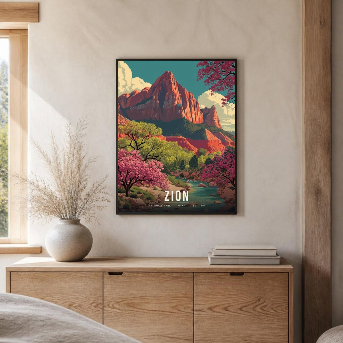 Zion redbud poster framed on a sideboard (frame not included)
