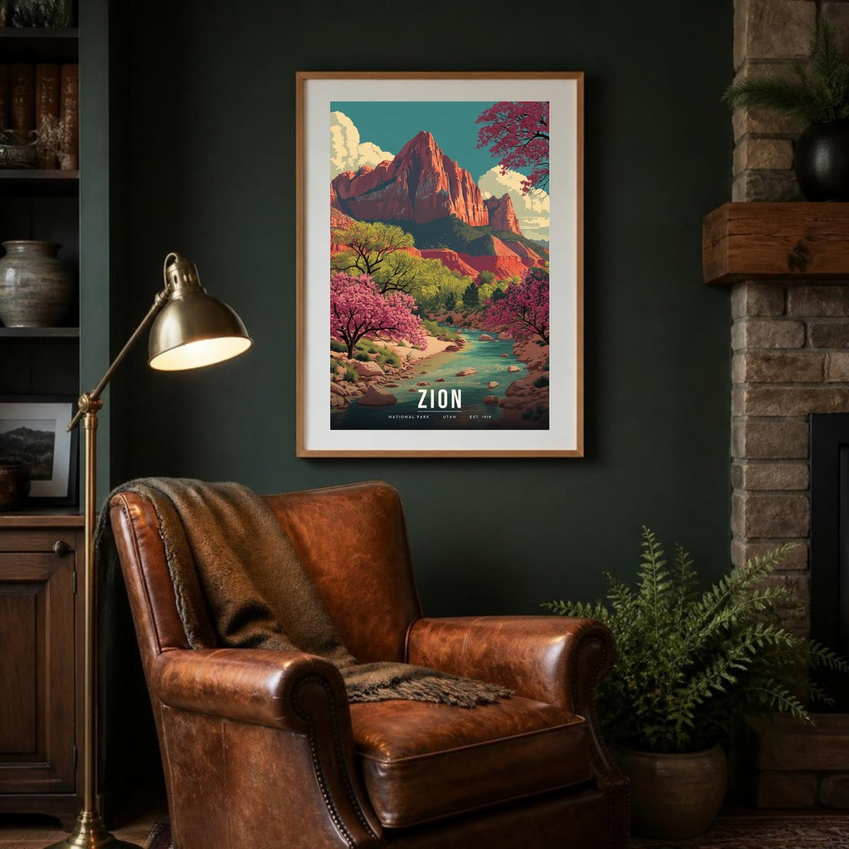 Zion redbud poster framed in a lodge room (frame not included)