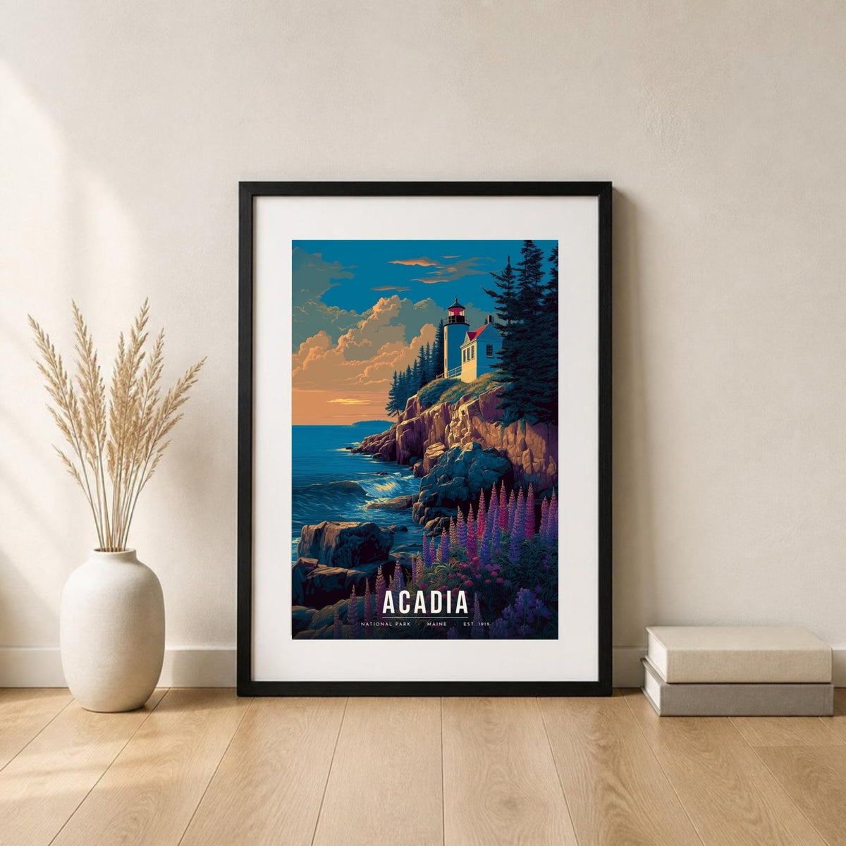 Acadia poster in a frame leaning on the floor (frame not included)