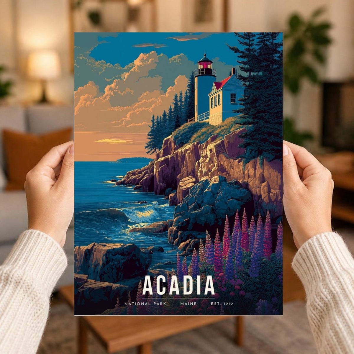Acadia poster print held in two hands