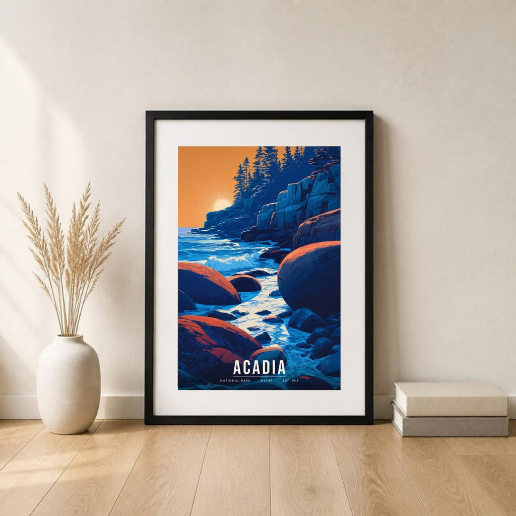 Acadia poster in a frame leaning on the floor (frame not included)
