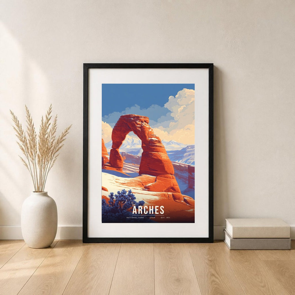Arches in snow poster in a frame leaning on the floor (frame not included)