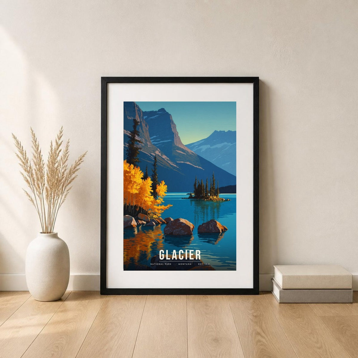 Glacier poster in a frame leaning on the floor (frame not included)