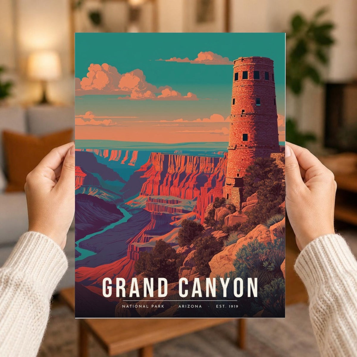 Desert View Watchtower poster print held in two hands