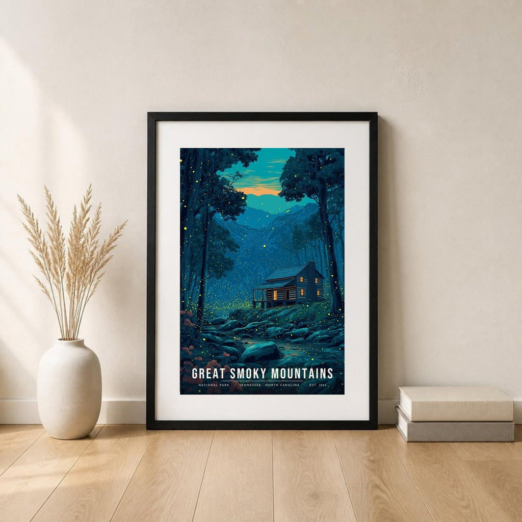 Smokies fireflies poster in a frame leaning on the floor (frame not included)
