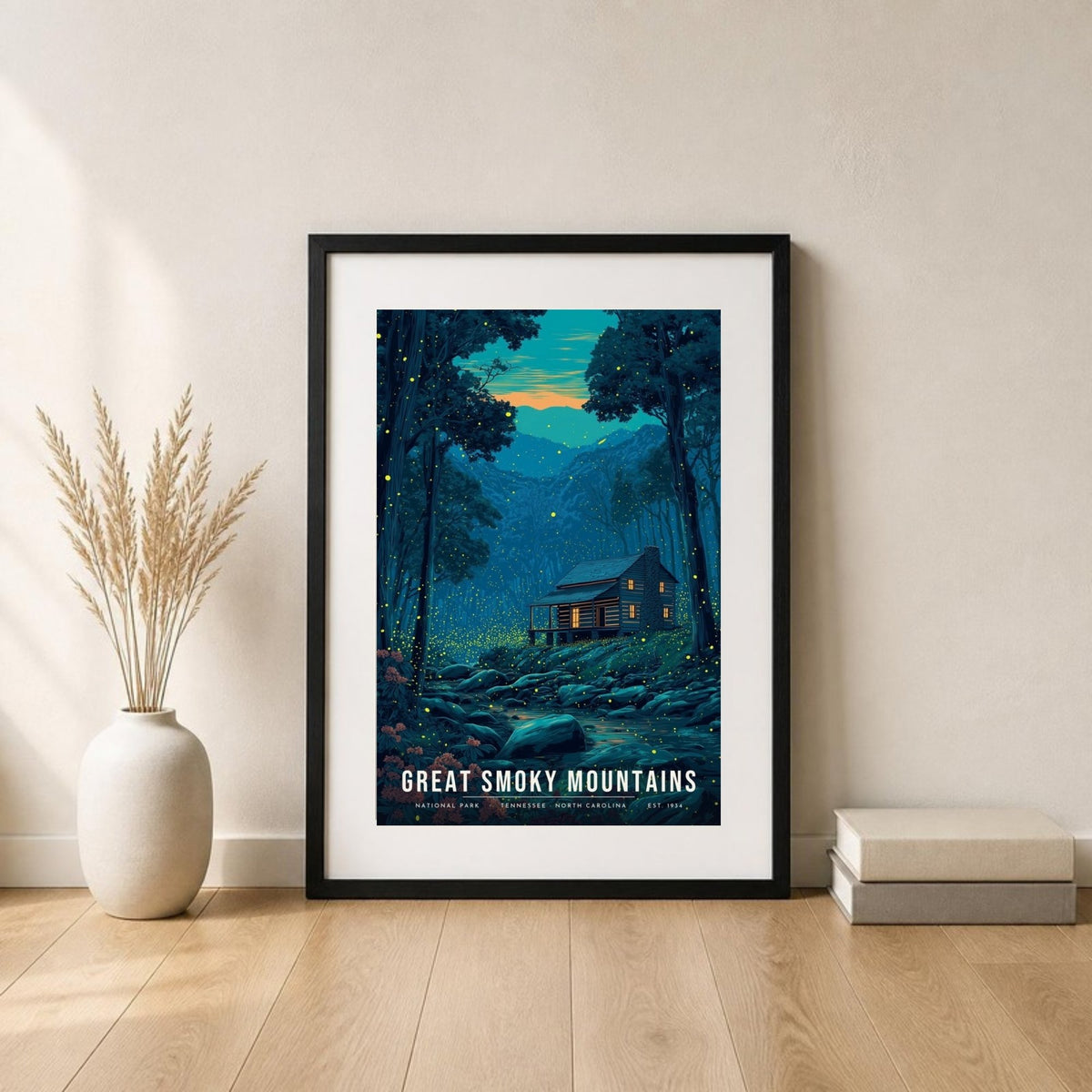 Smokies fireflies poster in a frame leaning on the floor (frame not included)