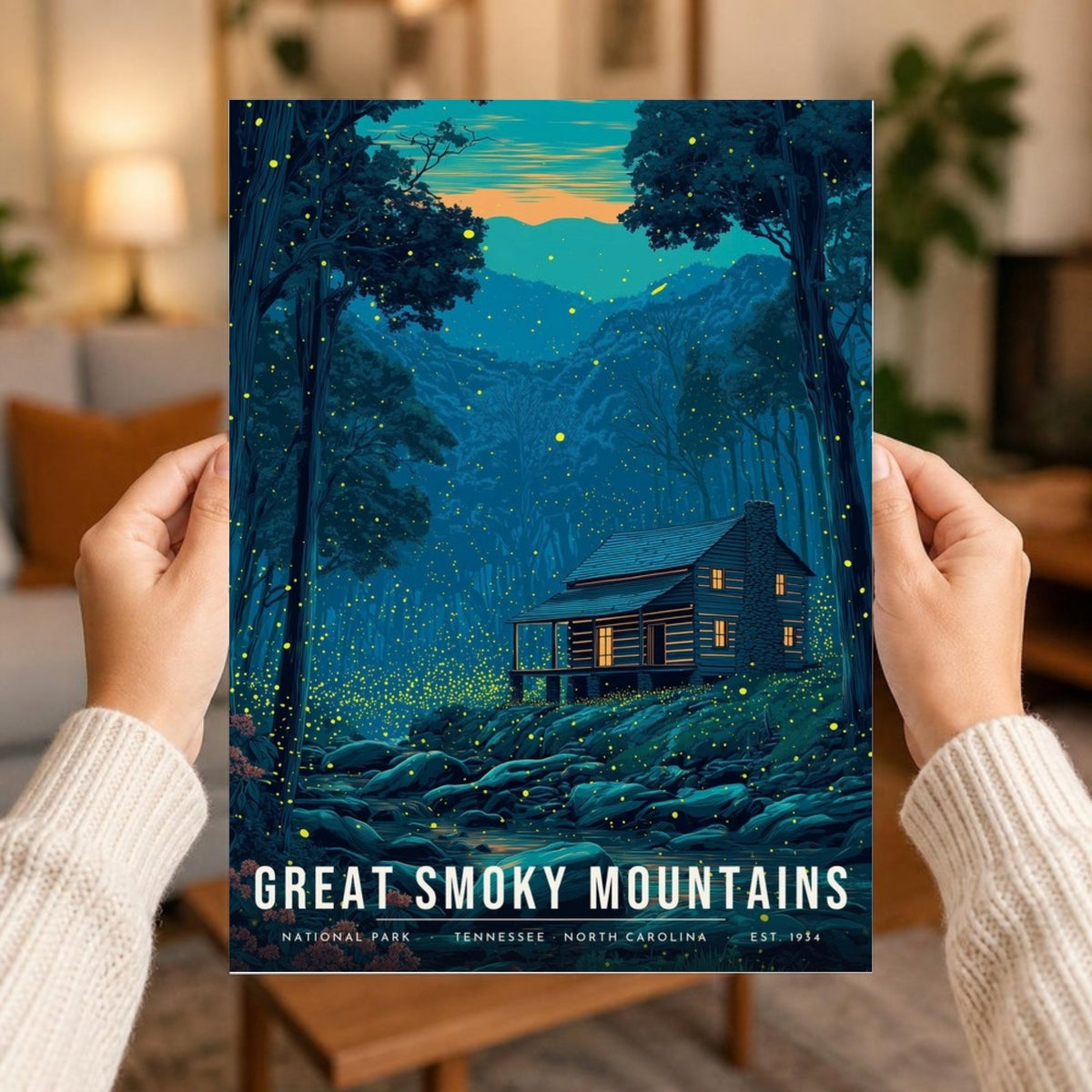 Smokies fireflies poster print held in two hands