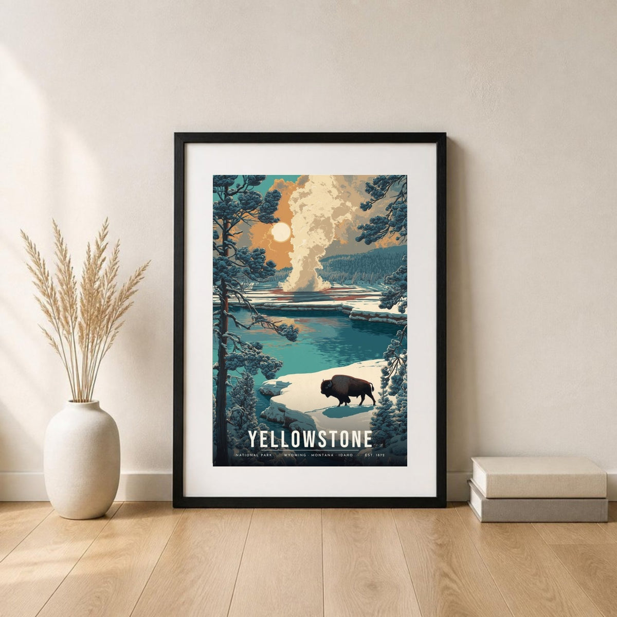 Yellowstone bison poster in a frame leaning on the floor (frame not included)