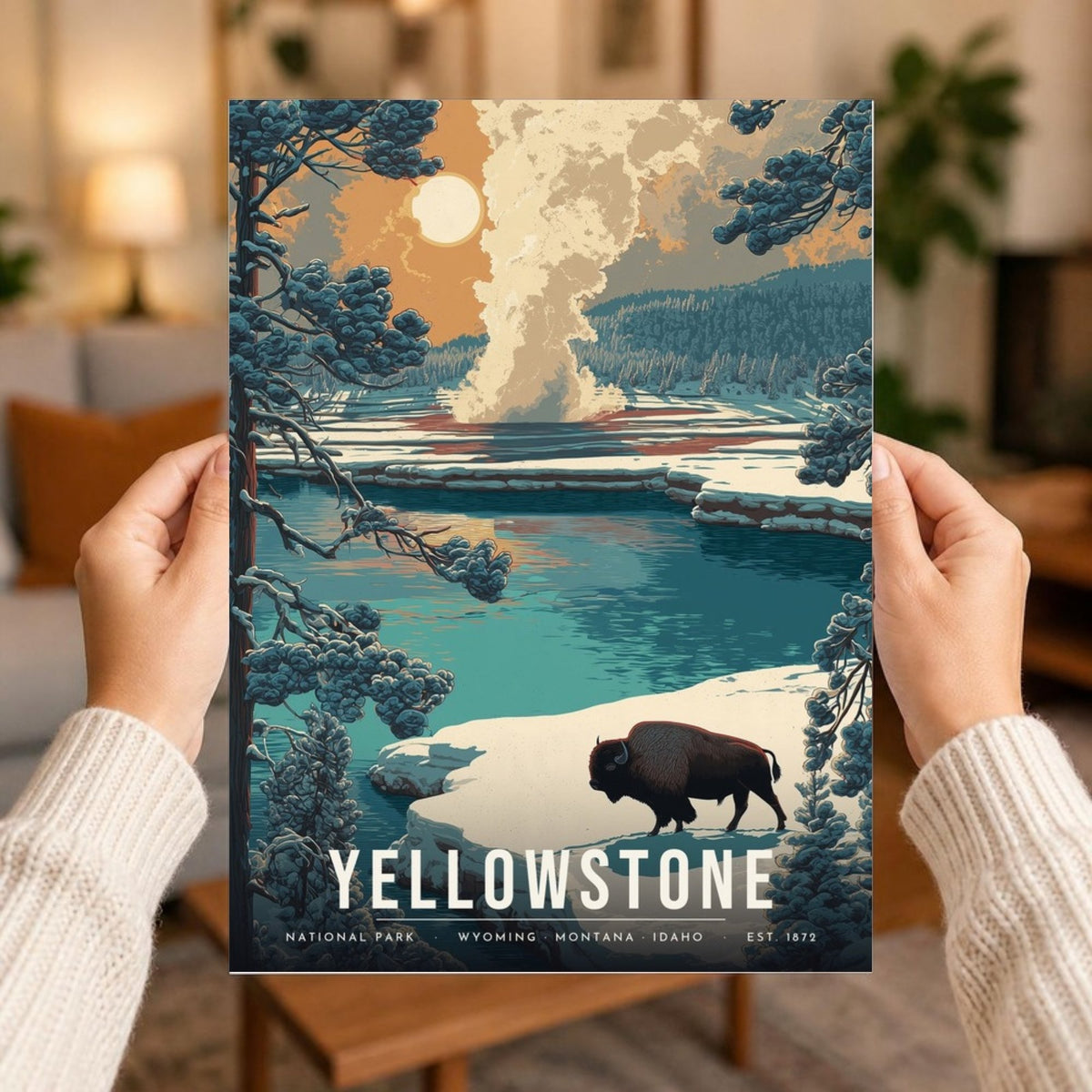 Yellowstone bison poster print held in two hands
