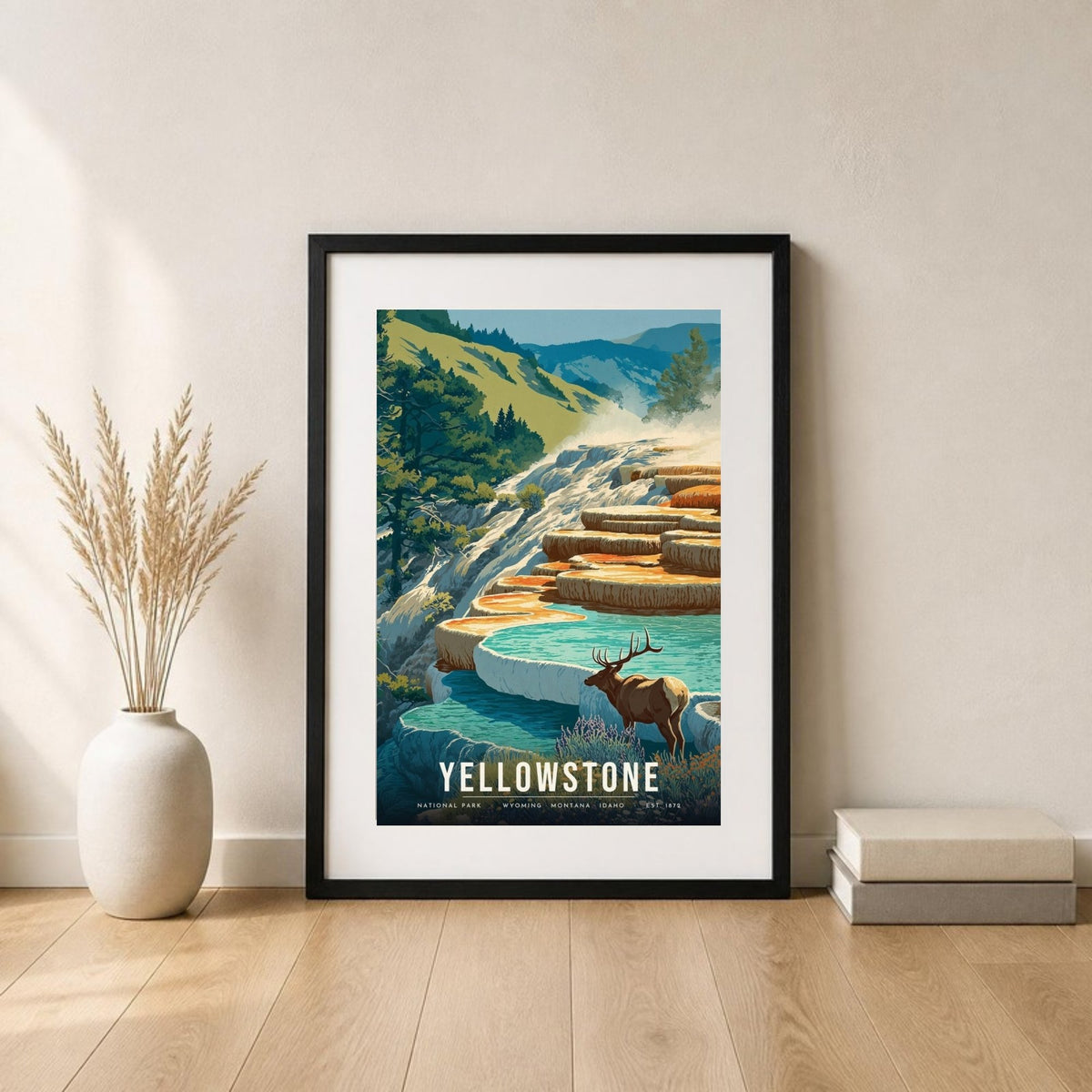 Mammoth Hot Springs elk poster in a frame leaning on the floor (frame not included)