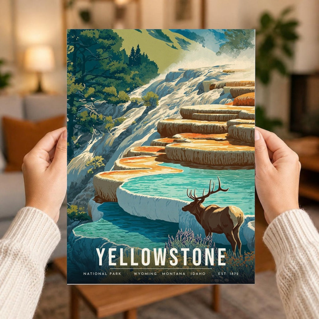 Mammoth Hot Springs elk poster print held in two hands