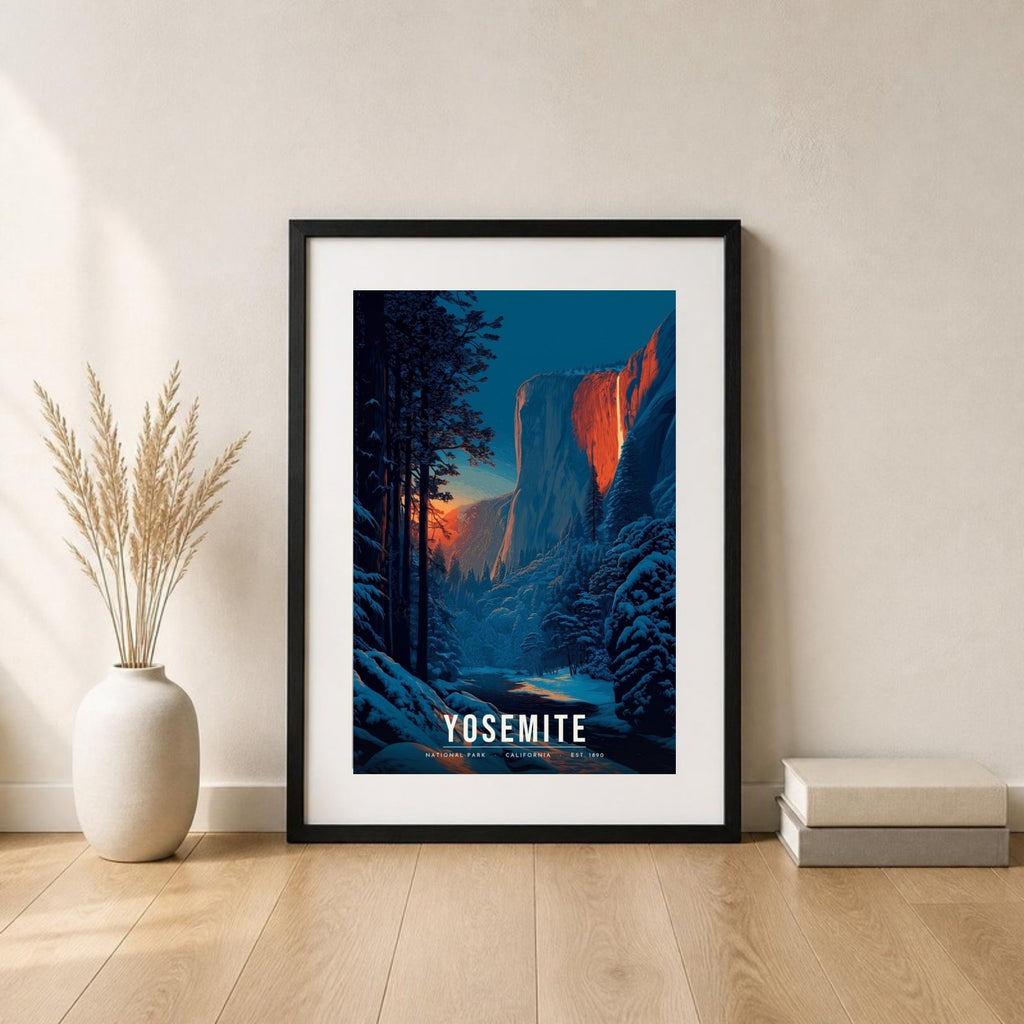 Yosemite firefall poster in a frame leaning on the floor (frame not included)