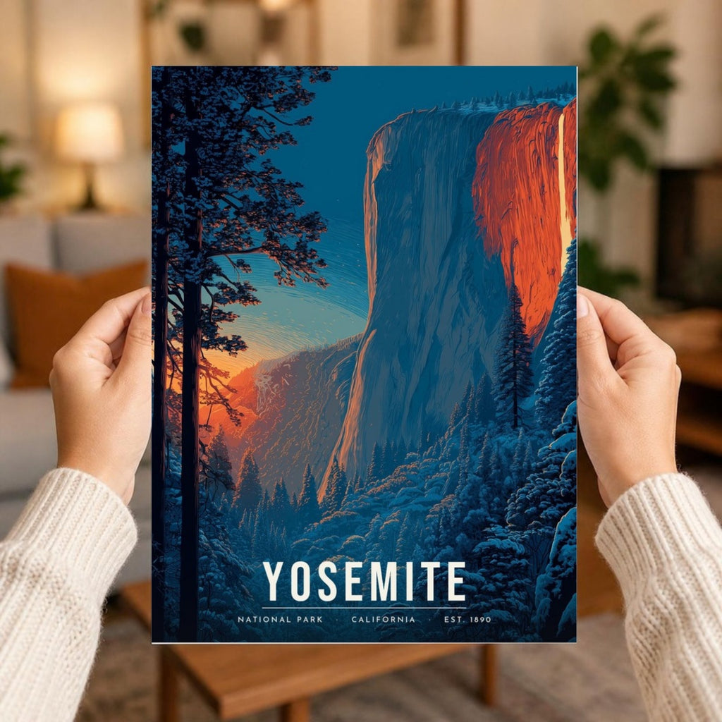 Yosemite firefall poster print held in two hands
