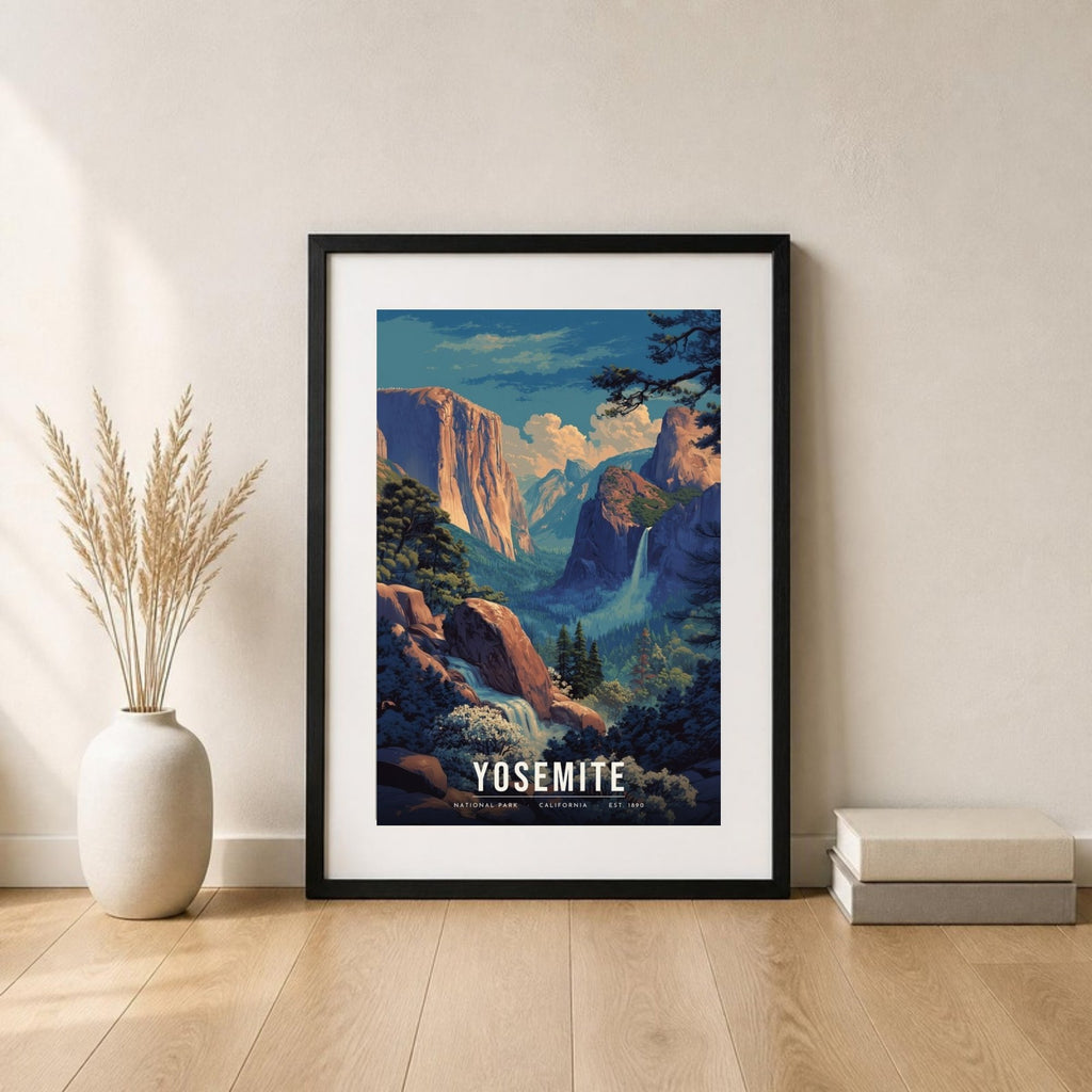 Yosemite spring poster in a frame leaning on the floor (frame not included)
