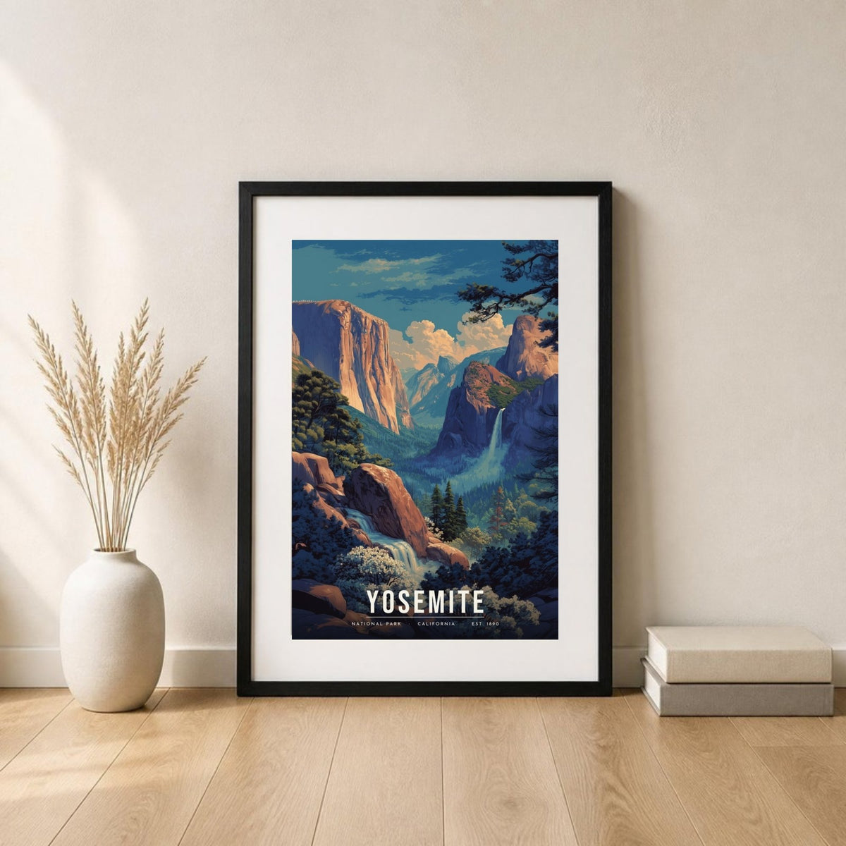 Yosemite spring poster in a frame leaning on the floor (frame not included)
