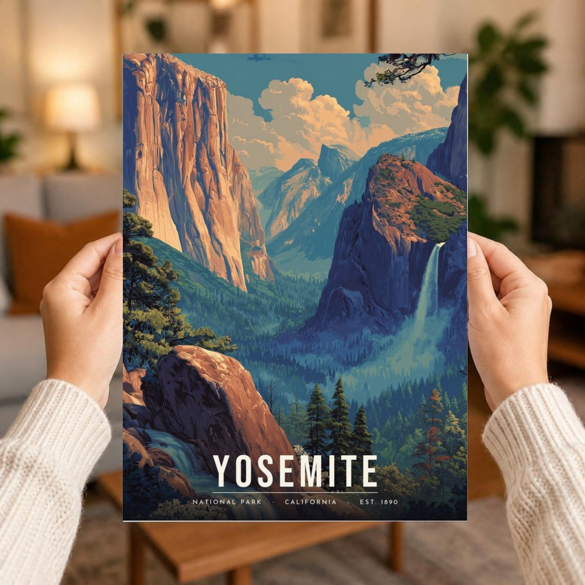 Yosemite spring poster print held in two hands