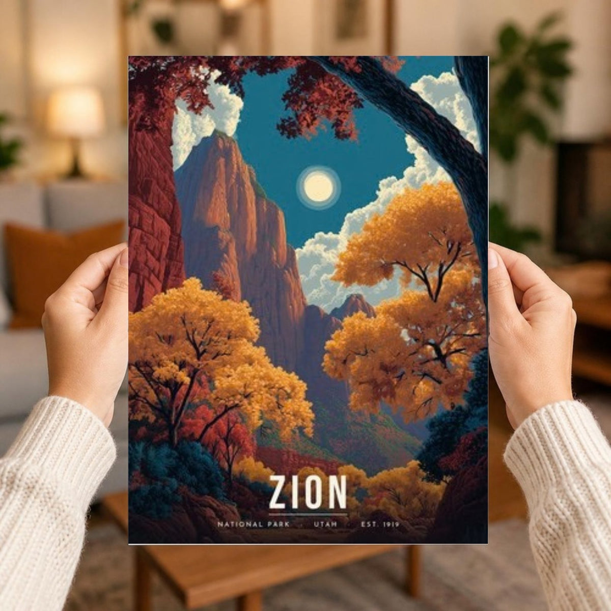 Zion autumn poster print held in two hands