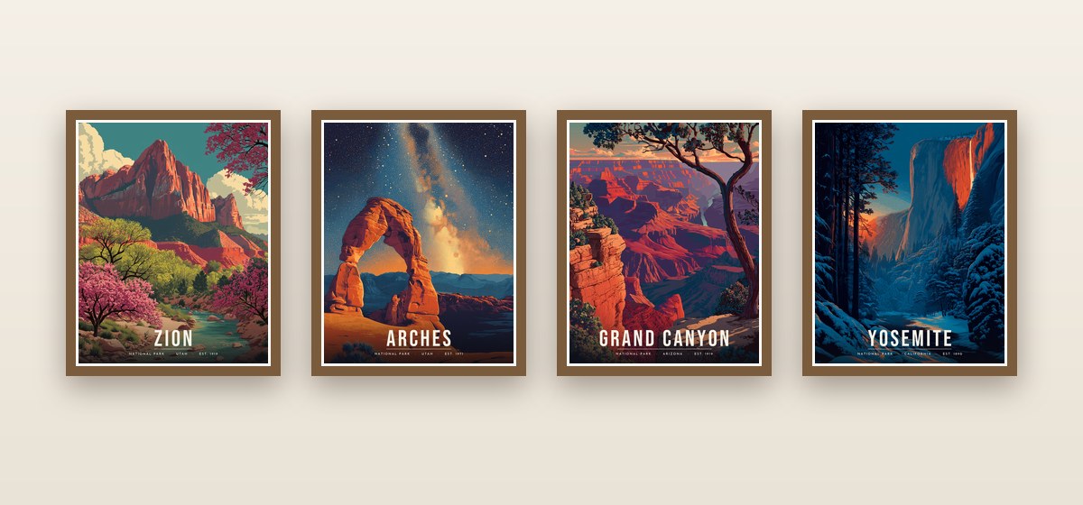 Zion, Arches, Grand Canyon and Yosemite posters framed in a row