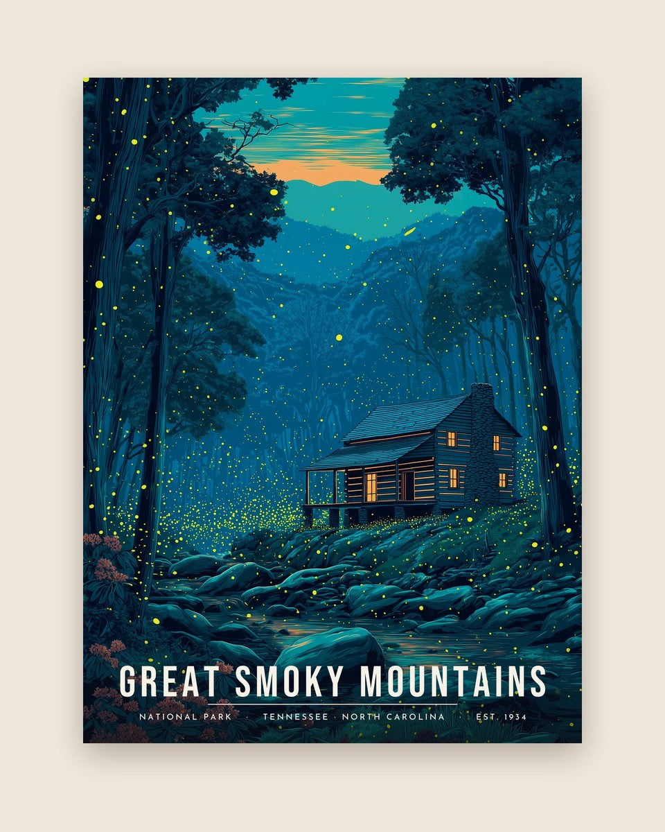 Great Smoky Mountains: Firefly Cabin poster, full artwork