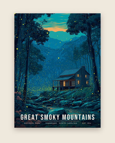 Great Smoky Mountains: Firefly Cabin poster, full artwork