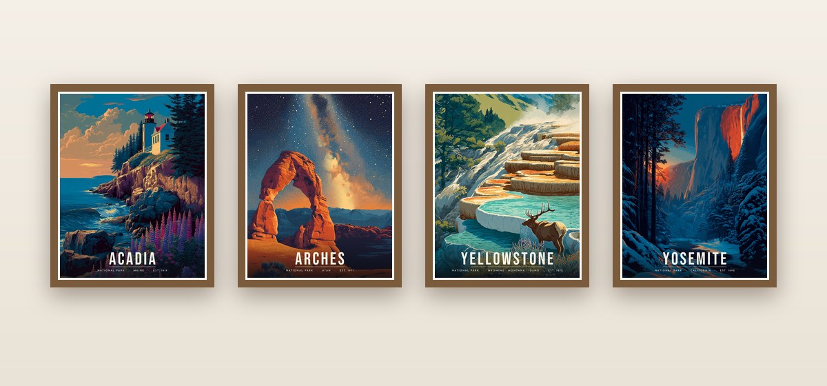 Acadia, Arches, Yellowstone and Yosemite posters framed in a row