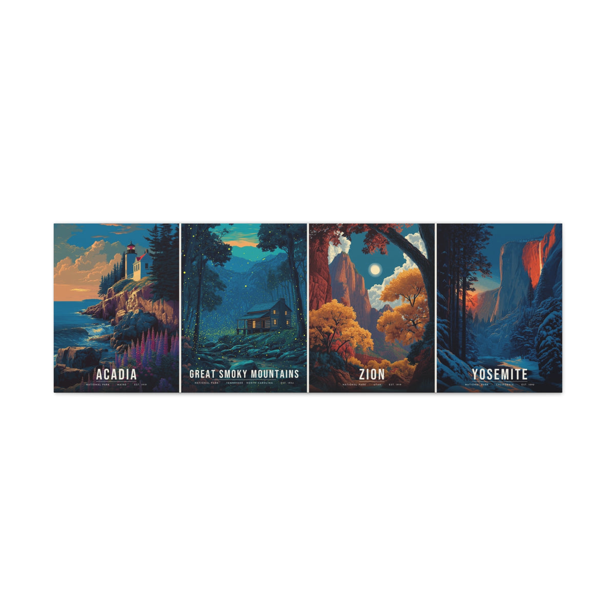Four Seasons Canvas: Acadia, Great Smoky Mountains, Zion, Yosemite