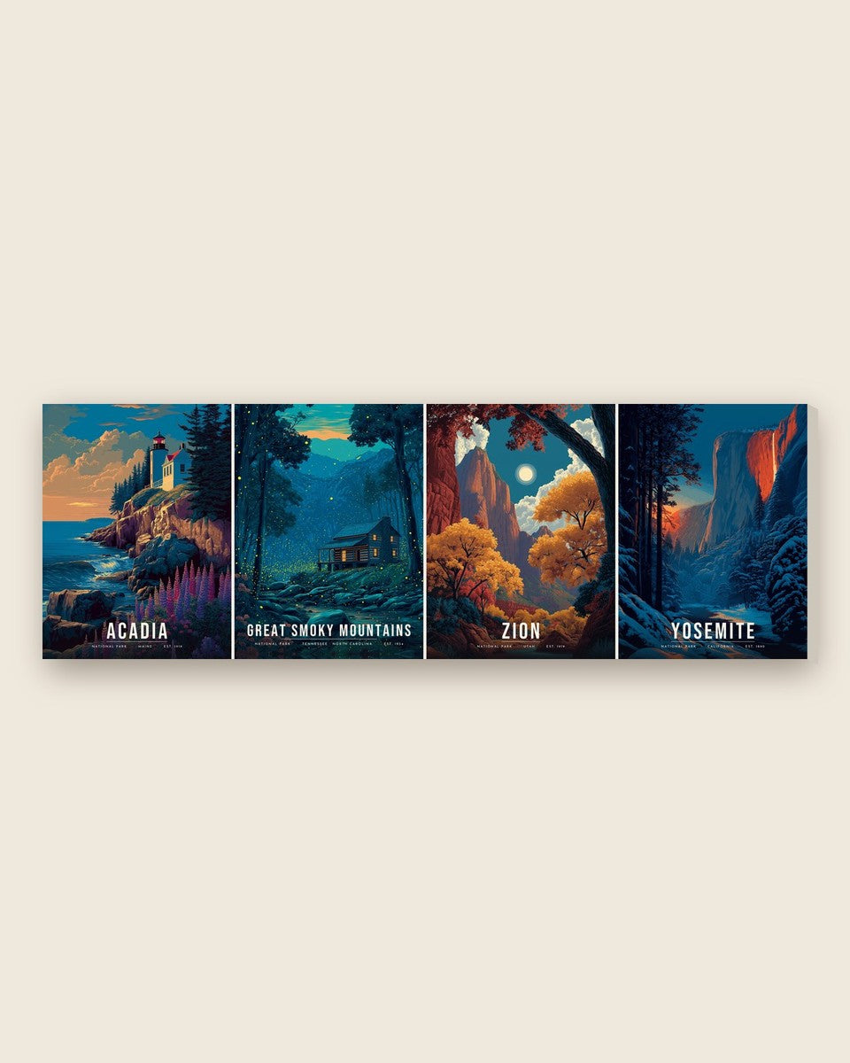 Four Seasons canvas: Acadia, Great Smoky Mountains, Zion and Yosemite