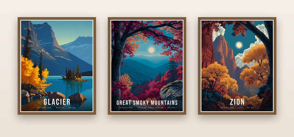 Glacier, Great Smoky Mountains and Zion autumn posters framed in a row