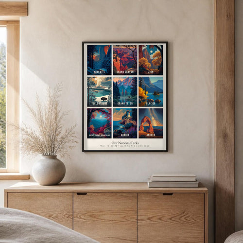 All Nine Parks collage poster on the wall above an oak sideboard (frame not included)