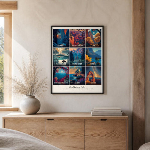 All Nine Parks collage poster on the wall above an oak sideboard (frame not included)