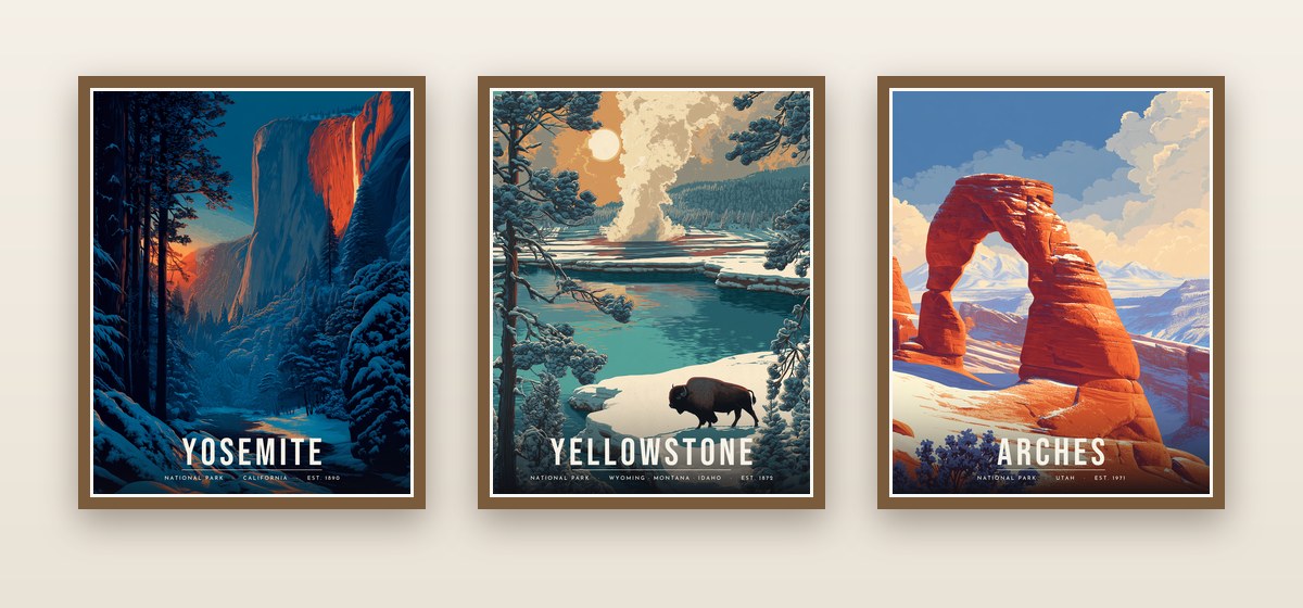 Yosemite, Yellowstone and Arches winter posters framed in a row
