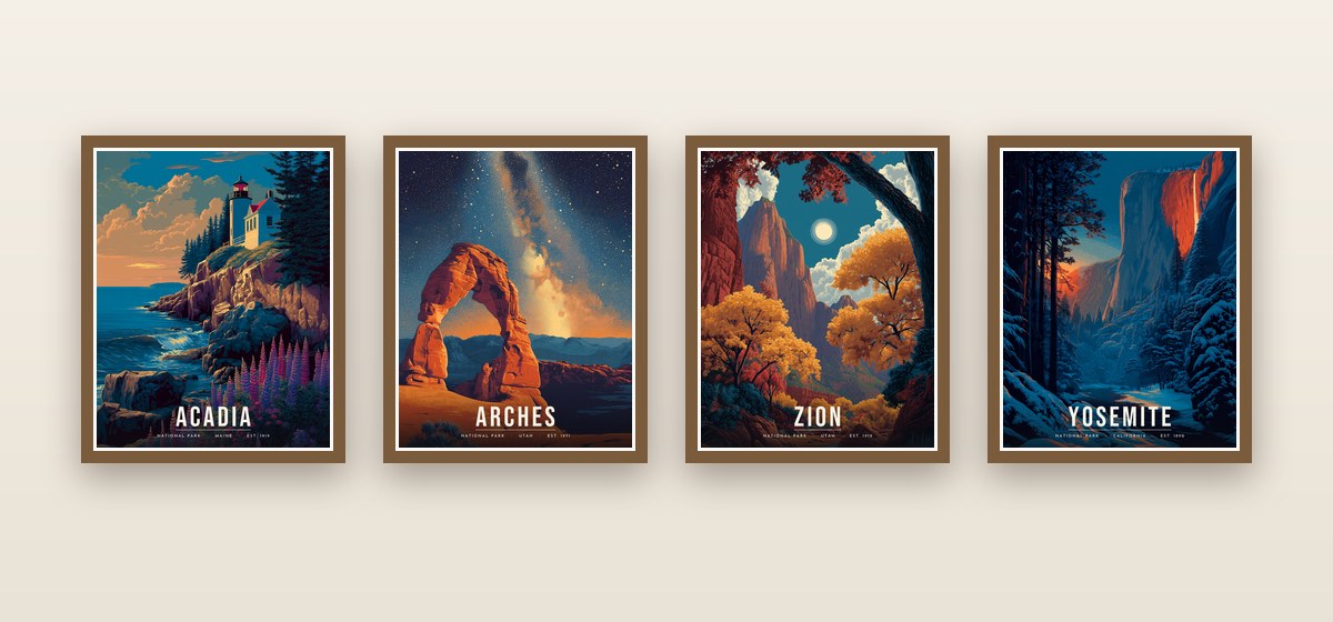 Acadia, Arches, Zion and Yosemite posters framed in a row, one for each season