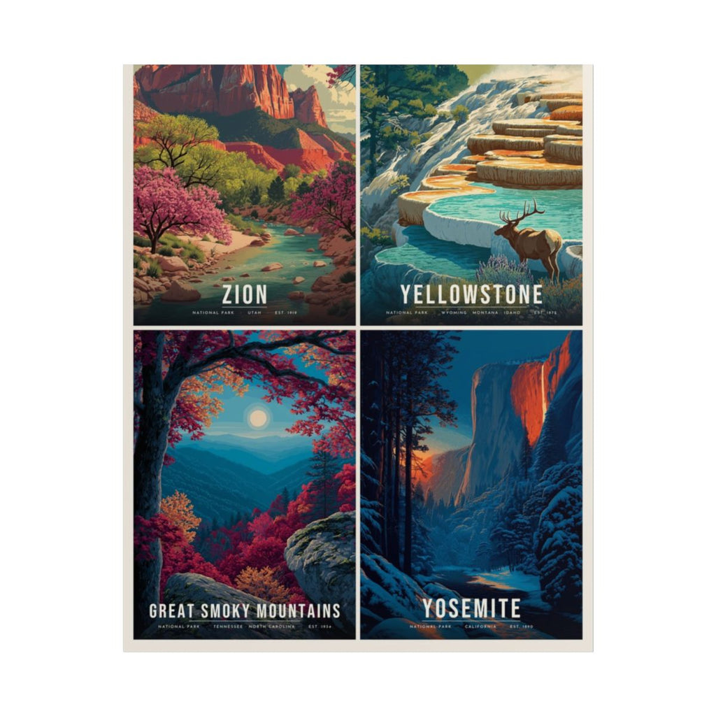 Four Seasons collage poster: Zion, Yellowstone, Great Smoky Mountains and Yosemite