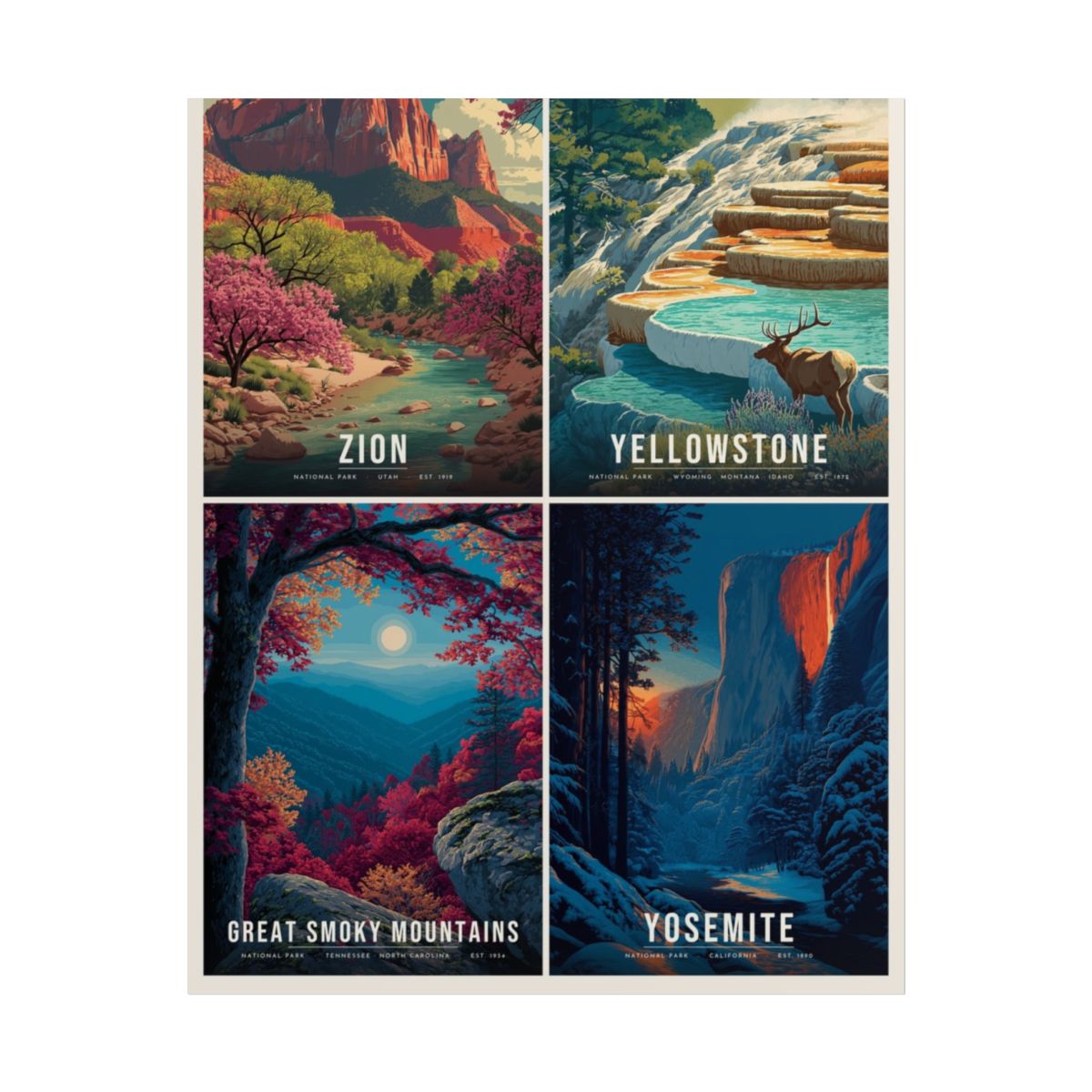 Four Seasons collage poster: Zion, Yellowstone, Great Smoky Mountains and Yosemite