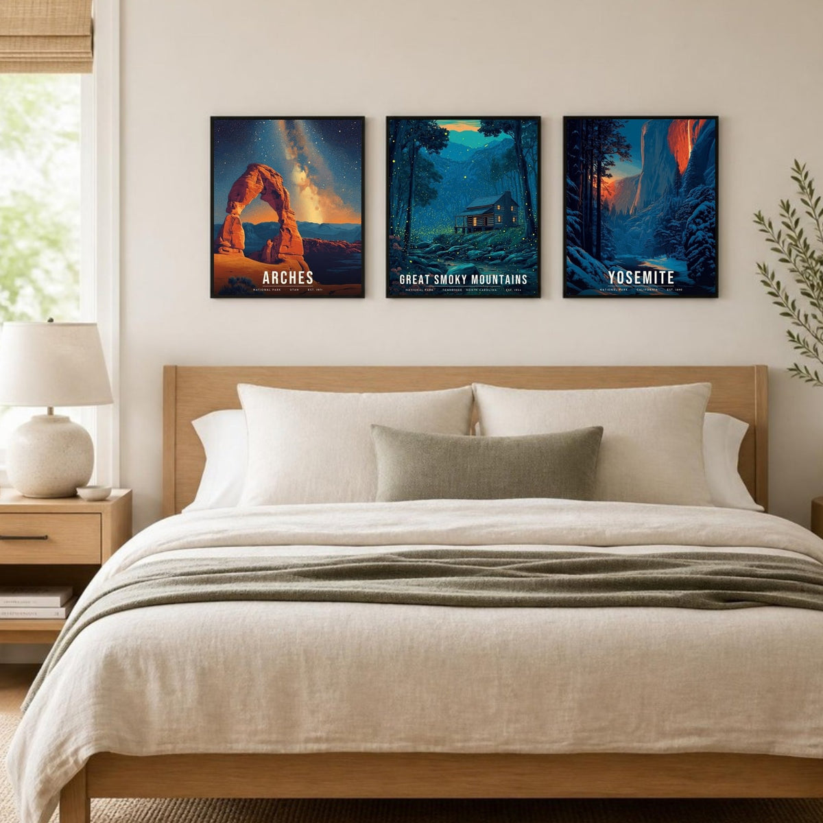 After Dark posters framed in a row above a bed (frames not included)