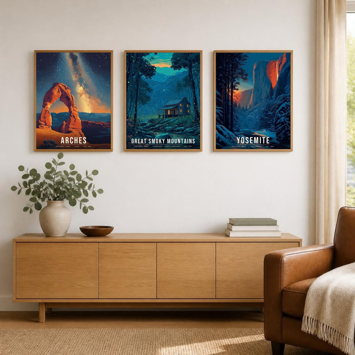 After Dark posters framed in a row above a sideboard (frames not included)