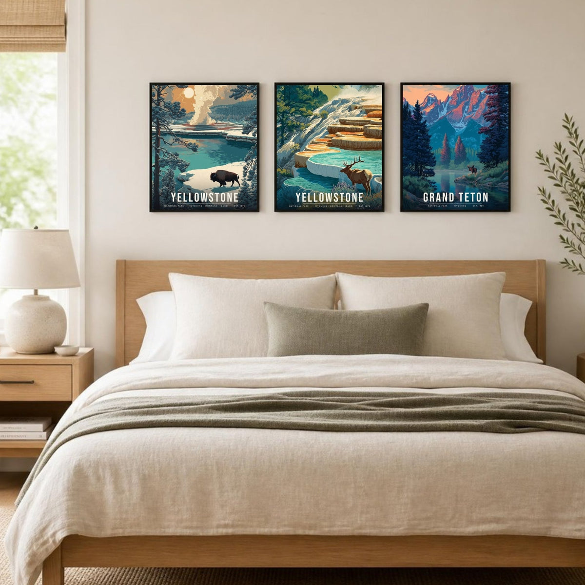 Big Animals posters framed in a row above a bed (frames not included)