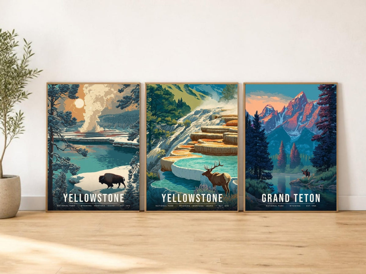 Big Animals posters in frames leaning on a wooden floor (frames not included)