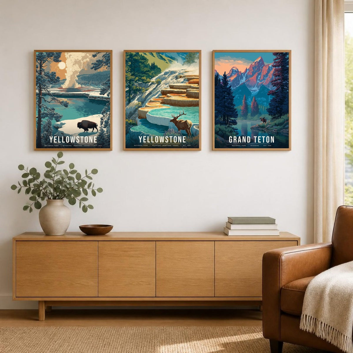 Big Animals posters framed in a row above a sideboard (frames not included)