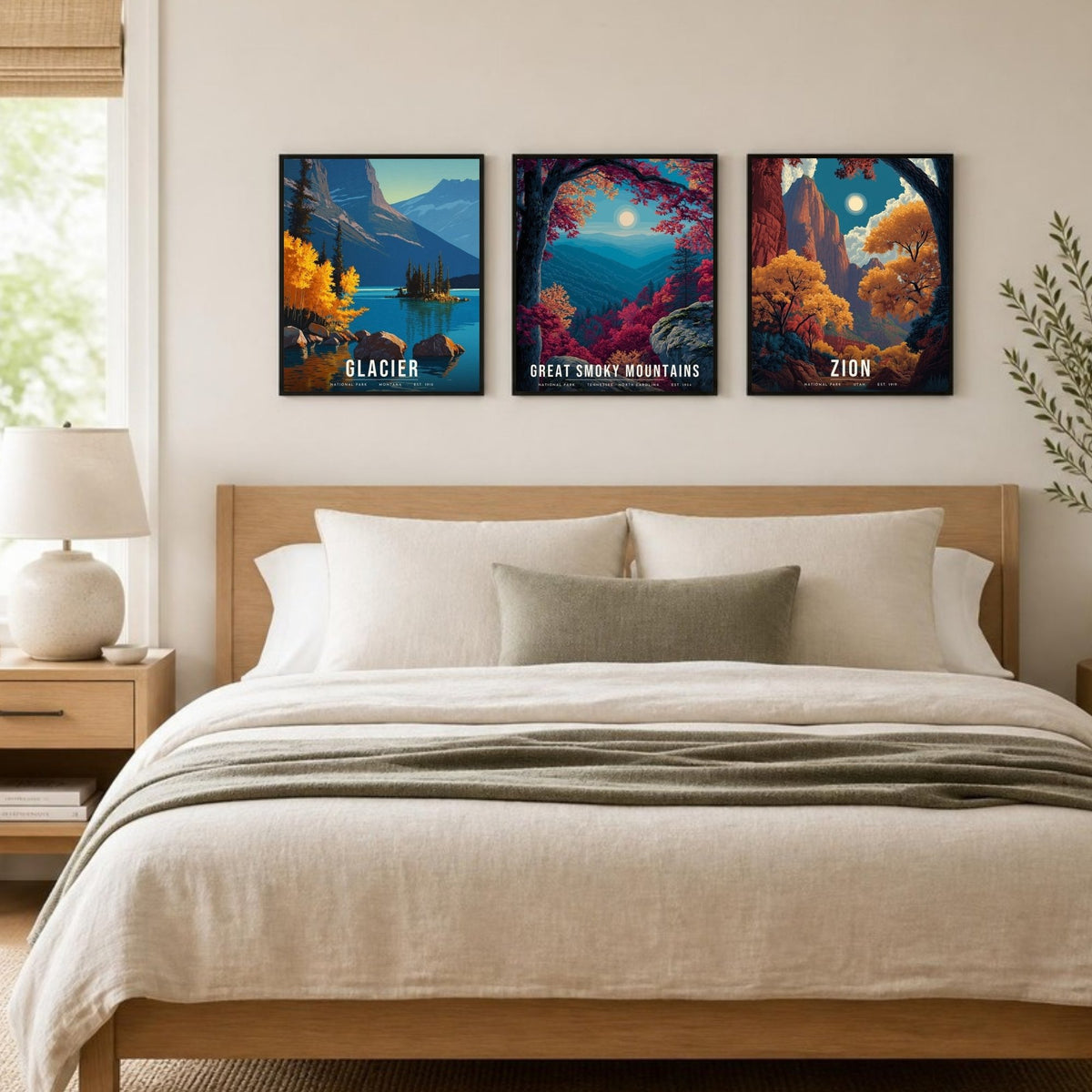 Autumn, Three Ways posters framed in a row above a bed (frames not included)