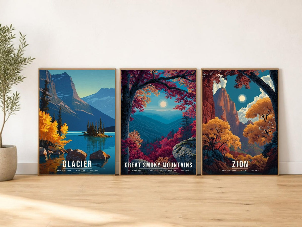 Autumn, Three Ways posters in frames leaning on a wooden floor (frames not included)